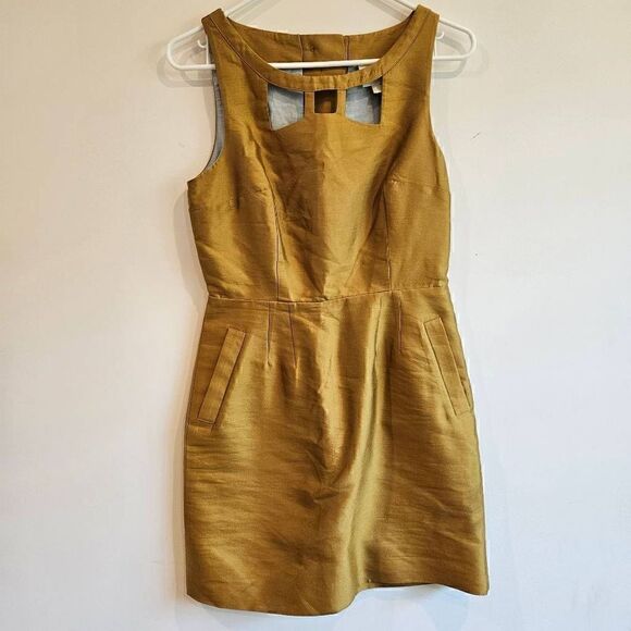 Maeve Anthropologie Gold A- Line Cut out Neckline Sheen Dress Size 4 - Picture 2 of 7